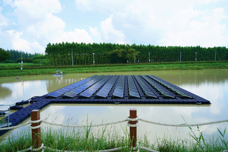 Floating photovoltaic is a clean alternative energy that benefits the aquatic life in the area.の写真素材