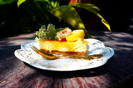 lemon honey cheesecake garnished with honeycomb,  Lemon  slices, rosemary.の写真素材