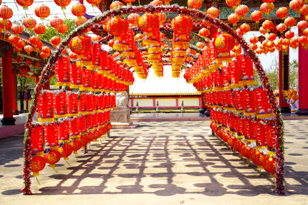 Chinese New Year Festival, decorated with red lantern tunnels to celebrate the Lantern Festival of Lights of Samut Prakan province.の写真素材