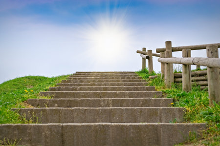 Wooden staircase and banister in the park 