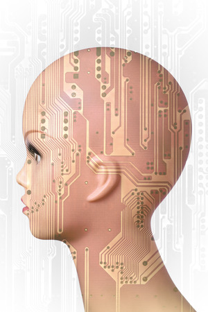 Double exposure artificial Intelligence concept, mannequin head and circuit boardの写真素材