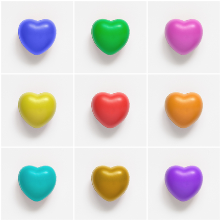 Collage of colorful heart shapes on white paper backgroundの写真素材