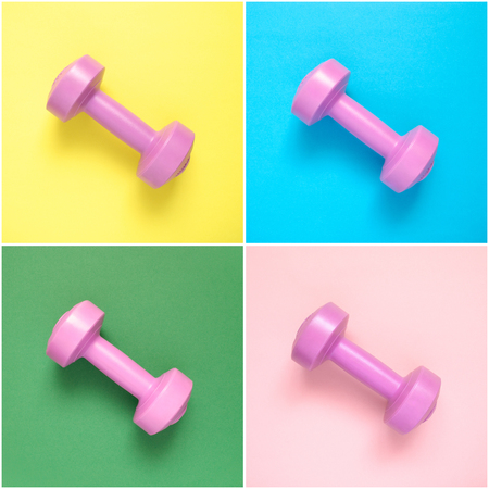 Collage of pink dumbbells on colorful backgroundの写真素材