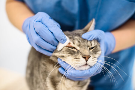 Veterinarian doctor is disinfecting the skin of a cat