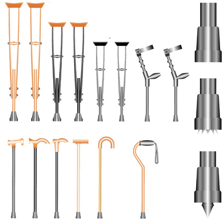 Set of orthopedic equipment  crutches, walking sticks  on white background のイラスト素材