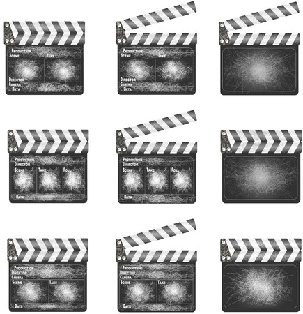 Old movie clapper  A set of movie clapper boards, often in use, over white background のイラスト素材