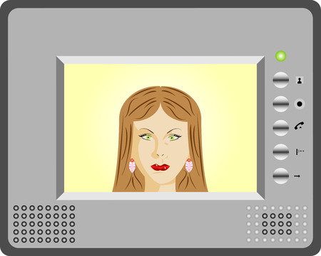 Intercom with video display  Woman using an intercom のイラスト素材