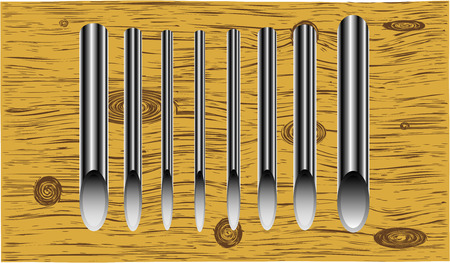 Steel pipes  Samples of steel pipes on a wooden structureのイラスト素材