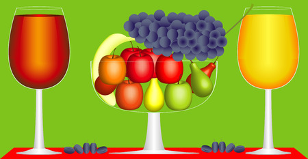 Still life of fruit and wine  Two glasses with red and white wines and full glass vase of ripe tasty fruit  The stylized still life with fruit and two glasses with red and white winesのイラスト素材