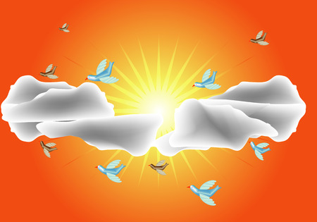 Birds in love flying around in solar skyのイラスト素材
