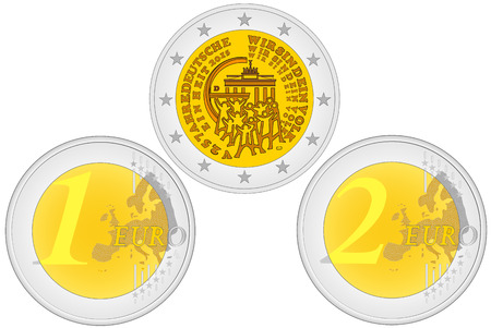 Metal coins. Set of coins with a face value. Obverse and reverse of euro. One and two euro coin - European Union moneyのイラスト素材