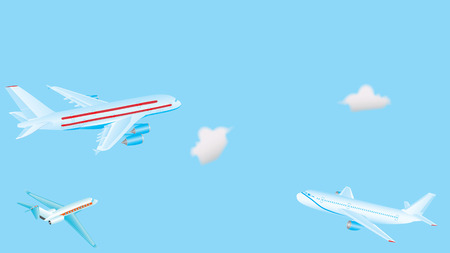 Passenger airplanes. Big passenger airplanes in the sky. Three aircraft are flying in the blue sky with cumulus clouds. Passenger airplane in the clouds.のイラスト素材
