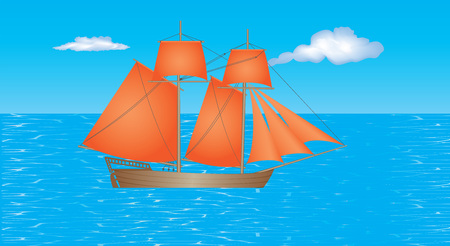 Sailing Ship. Schooner with beautiful red sails on the sea. Old wooden sailing ship under full sail on the seaのイラスト素材