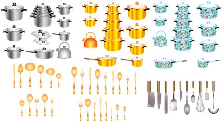 Set of kitchen pots and pans. Kitchen utensils Set. Collection of knives, spoons and scoops.のイラスト素材