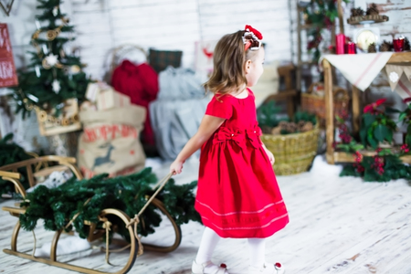 A girl pulls a sleigh with a Christmas tree. A child in a red dress celebrates Christmas. New Year's decor in the hall. Soft focus. Selective focus.の写真素材