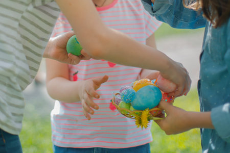 children collected decorated eggs in basket on Easter Day. holiday and child concept