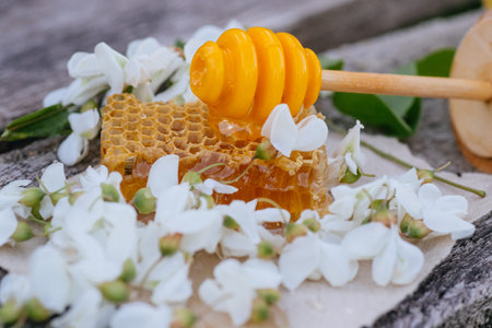 Honey in jar with acacia flowers on rustic wooden background. Golden, fresh.
