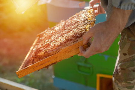 Inspection of bee families on apiary in spring Beekeeping concept. Soft focus.