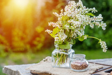 Transparent jar for loose products with dry buckwheat.の写真素材