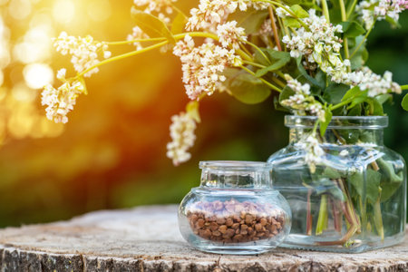 Transparent jar for loose products with dry buckwheat.の写真素材