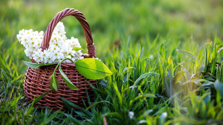 Still life of bird cherry in basket against sky. bouquet flowers on background of green grass....