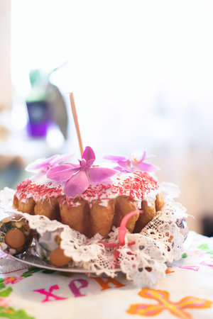 Easter cake with fresh with fresh magnolia flowers. consecration of cake at Easter. Homemade....
