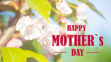 Text Happy MOTHERS day Spring border or background art with pink blossom. Pink cherry blossoms...