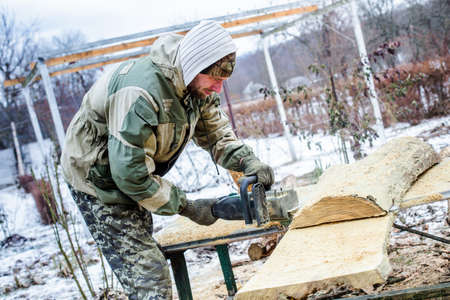 Beautiful strongman sawing a huge tree of chainsaw outdoors in winterの写真素材