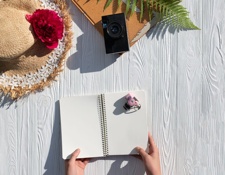 Flat lay traveler accessories with retro camera films, map on white wooden background. Travel or...