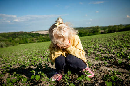sad child sits squatting, and cries with eyes covered with hands. Little blond serious tired girl alone in an empty field of young soybeans in early summer or in concept of loneliness and griefの写真素材