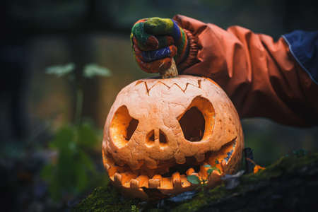 Hand removing the lid from Jack O Lantern, with an evil face. Carved pumpkin for Halloween on fallen tree in night woods.の写真素材