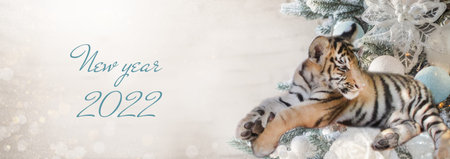 Real tiger on banner with balls on christmas tree. Text New Year 2022