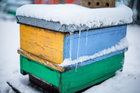 Apiary in the snow. Snow-covered hives after a snowfall. Snowdrifts on the roof of hives...