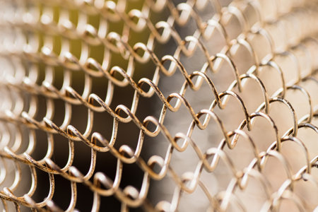 Mesh rabitz , texture of weaving mesh network link. Close up of a fence. barrier on way. metal grid close-up. rusty mesh textureの写真素材