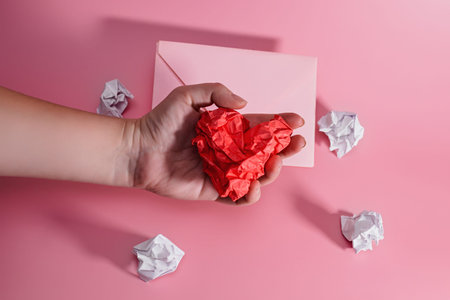 hand of aggressive and frustrated man squeezing heart out of crumpled paper. envelope with lumps of paper scattered. Letter to a Loved One on Valentine's Day..の写真素材