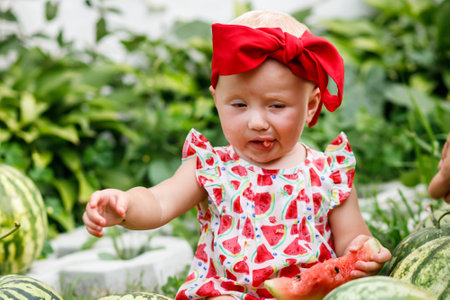 child ate a piece of sour watermelon and squirmed. The first lure with red berries.の写真素材