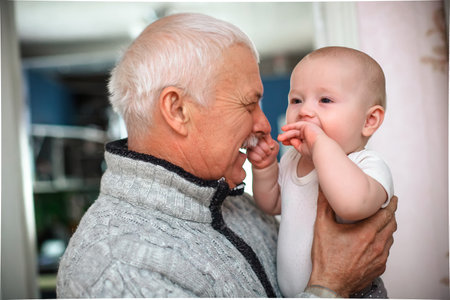 An elderly man holds his granddaughter. Happy grandfather with a little girl in his arms. End of self-isolation and meeting relatives at home in a family atmosphere for the holidays.の写真素材