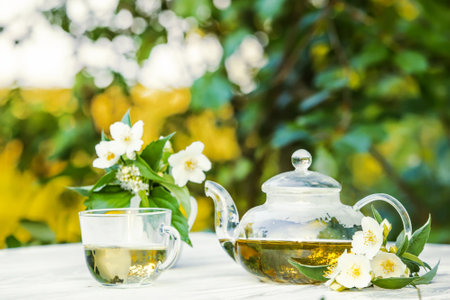 Philadelphus or garden jasmine flowers, healthy herbal tea cup of hot tea. Romantic dinner with therapeutic fragrant tea.の写真素材