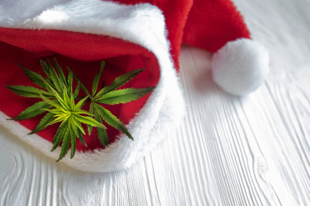 Cannabis leaf on white. Hemp plant in a basket on a white wooden tableの写真素材