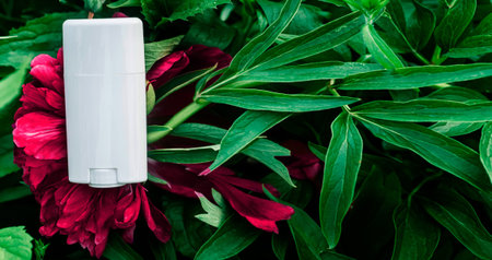 Antiperspirant deodorant stick, mockup. solid deodorant on a bouquet of Viva Magenta, peonies in the...