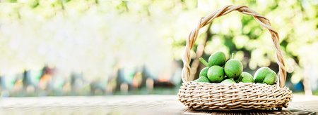 green nuts Walnuts in a wicker basket. Ingredient collection for healthy food. Old vintage table and...
