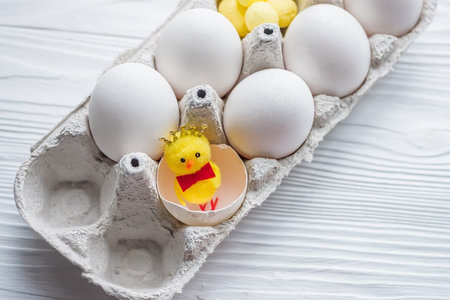 A small chicken in a broken shell near whole white chicken eggs. Easter is the concept of...