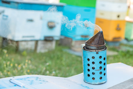 bee smoker against backdrop of apiary with colorful beehives. Smoke from bee smoker is used to calm bees before removing frame.の写真素材
