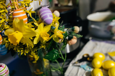 Coloring Easter Eggs with Artificial Dye. Easter preparation at home. Part of the seriesの写真素材