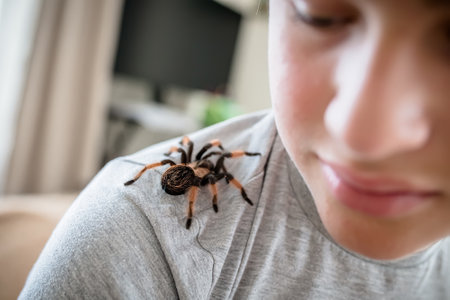 The boy looks at the cute pet spider crawling on his shoulder to face. brave boy plays with huge spider Brachypelma albopilosum. Treatment of arachnophobia Defocusedの写真素材