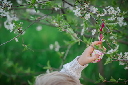 A cute little girl removes an Easter egg from a cherry branch. Easter Egg huntの写真素材