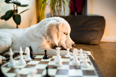 Golden retriever puppy learning to play chess. dog lies near the chessboard and watches how animal owner plays a chess game with chess piecesの写真素材