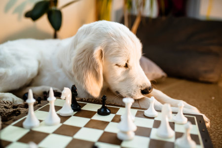 Golden retriever puppy learning to play chess. dog lies near the chessboard and watches how animal owner plays a chess game with chess piecesの写真素材
