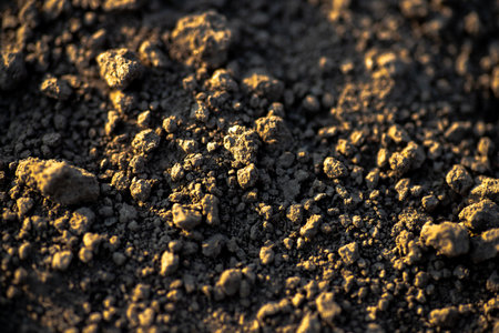 Black earth with sunlit ground mounds. ground before planting seeds and growing vegetables or soybeans.の写真素材