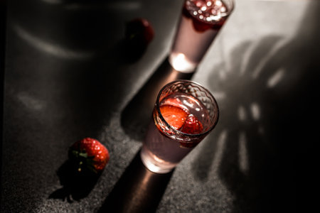 vibrant fruit cocktail with juicy strawberries and slices of fresh fruit.. refreshing strawberry and mint lemonade over ice for an extra cold treatの写真素材